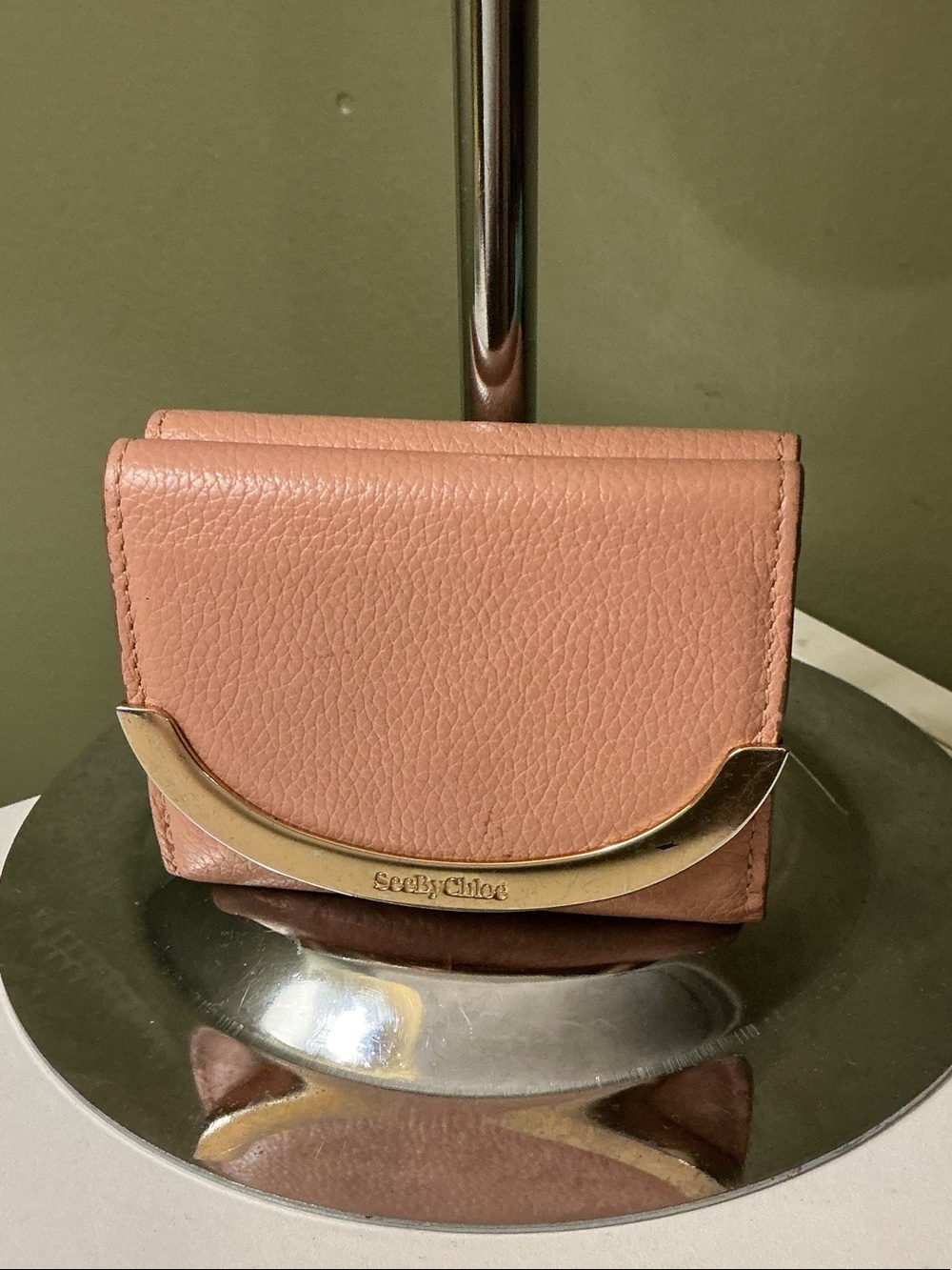 See By Chloe Small Pebbled Leather Fold Wallet in Dusty Rose with Gold Accent